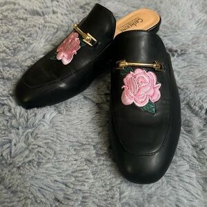 Stylish Black Mules with Pink Floral Embroidery